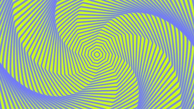 Vivid optical illusion 3d animation with blue shaded 4 sided polygon pattern changing color on yellow color background. Spirals give the illusion of continuous, repetitive movement, creating a vi desi