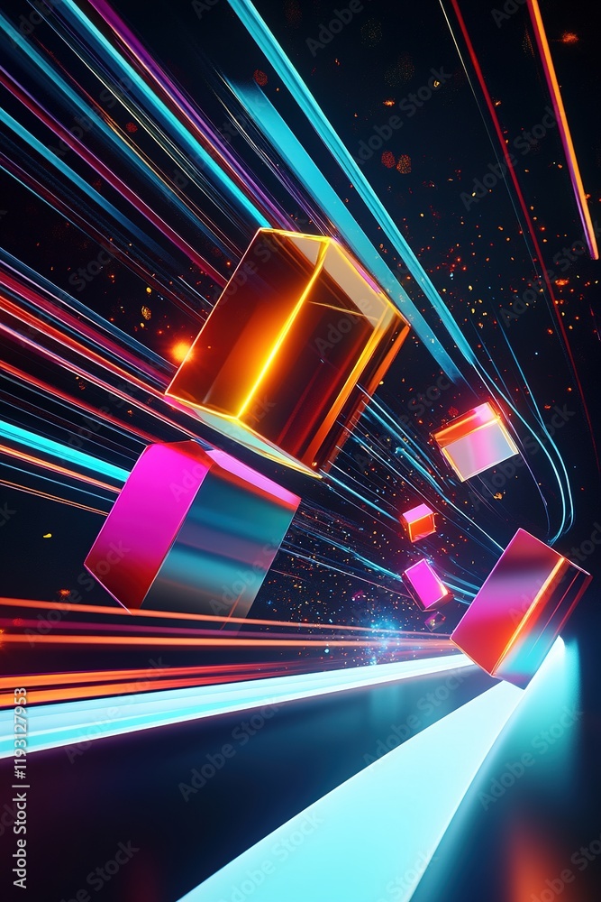 Poster dynamic abstract background with colorful light trails and 3d geometric shapes on a dark canvas for 