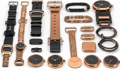 Modular watch parts and accessories in rose gold and black, flat lay for customization