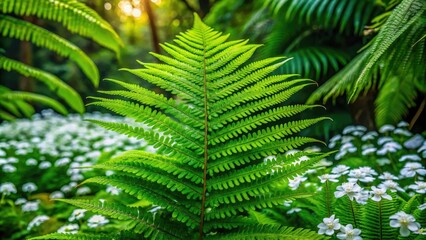 A close-up shot of a large green leafy fern growing in a lush tropical forest, with vibrant green foliage and delicate white flowers, foliage, greenery, tropical forests, botanical, ferns