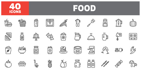 Set of 40 line icons food. Outline icon collection. Editable stroke. Vector illustration.