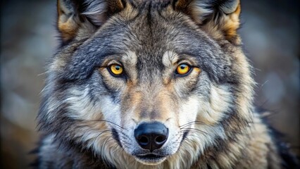 Fototapeta premium A close-up shot of a wolf's face with piercing yellow eyes gazing directly at the camera, wolf face, close up, fauna, landscape, wild life photography