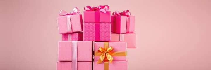 A cluster of brightly colored pink Christmas gifts stacked on top of each other, festive boxes, decorative objects
