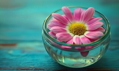Pink daisy in glass bowl on turquoise wood, spa decor