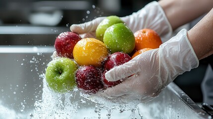 Gloved hands washing fresh fruits under running water in a clean kitchen, showcasing food safety, hygiene, and proper handling techniques