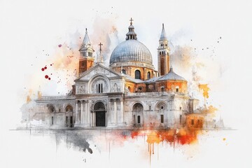 Obraz premium A dreamy watercolor depiction of St. Mark's Basilica at dawn, with its intricate details glowing softly under a pastel sky