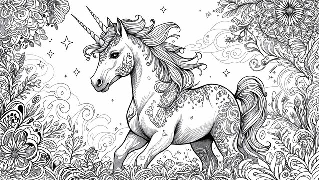 Fantasy Unicorn Hand Drawn in Intricate Zentangle Style Ideal for Artistic Creations and Designs