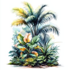 Lush Tropical Jungle Foliage with Vibrant Colors and Diverse Plant Life in Watercolor Style