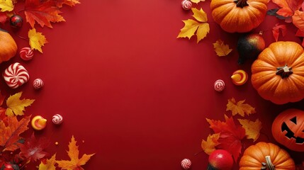 Autumn Halloween Festive Background with Pumpkins, Candy, and Leaves