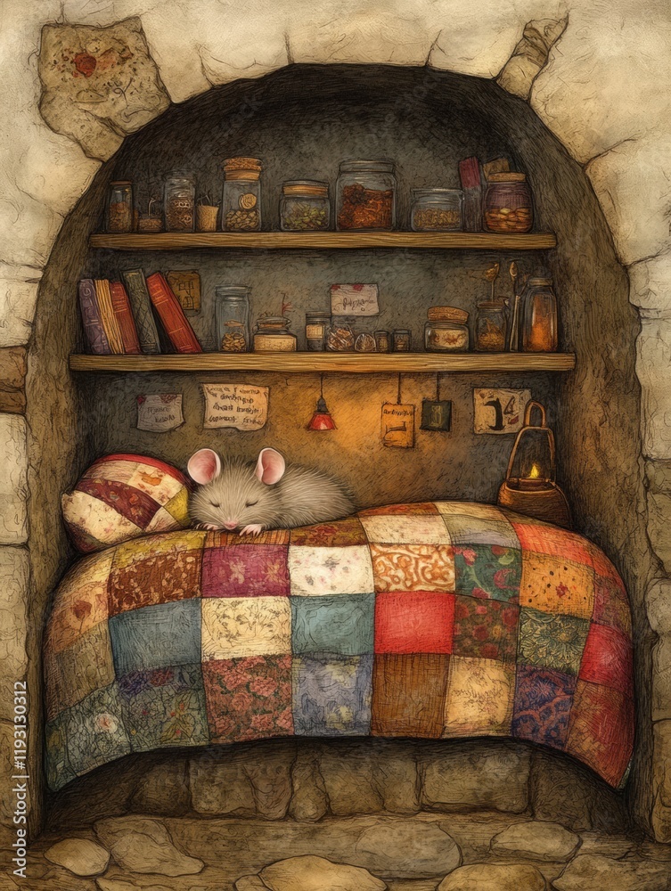 Aufkleber Cozy mouse resting on a colorful quilt in a quaint nook filled with jars and books. Generative AI
