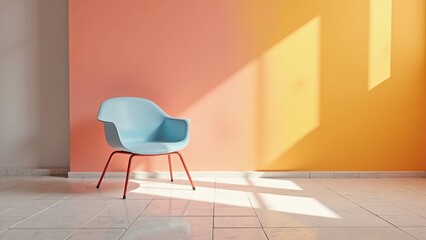 A chic light blue molded plastic armchair with striking red metal legs sits elegantly against a vibrant backdrop of orange and coral walls, subtly lit by shadows dancing across its form
