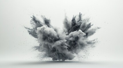 Grey powder exploding creating a spectacular mushroom cloud effect on white background