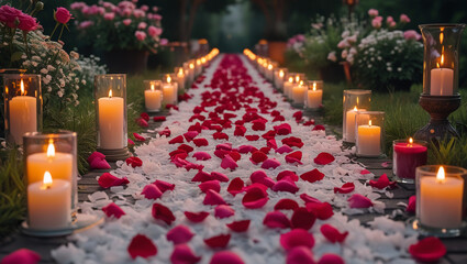 Romantic Pathway Lined with Rose Petals and Candles