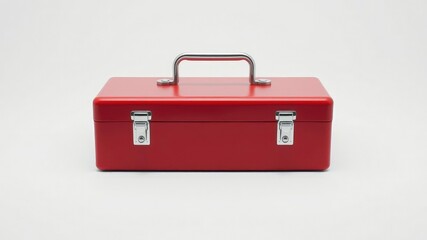 A small red toolbox with a chrome handle is placed on a white surface showing its sleek design, workshop accessory, storage container, toolshed