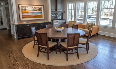 Round dining table in a modern home with a view of the pool area