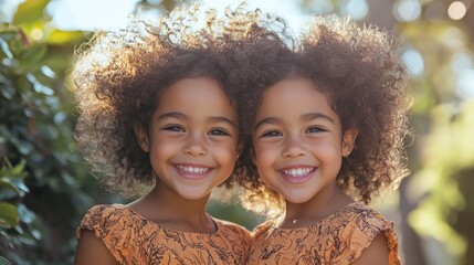 An adorable set of attractive twins in matching outfits, smiling together in a playful outdoor setting.