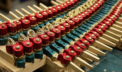 Obraz premium Rows of handcrafted red & green wooden toy soldier parts on assembly line in workshop