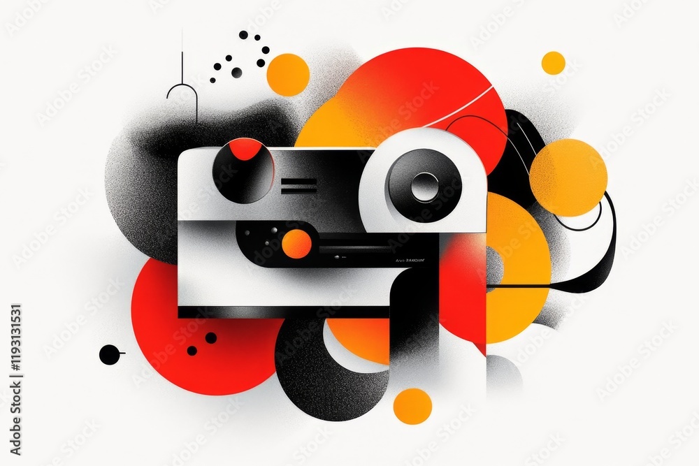 Poster a flat 2d illustration of a vcr with a vhs tape inserted, drawn with bold outlines and vibrant retro