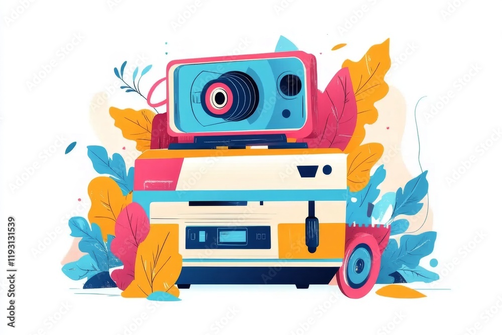 Poster a flat 2d illustration of a vcr with a vhs tape inserted, drawn with bold outlines and vibrant retro