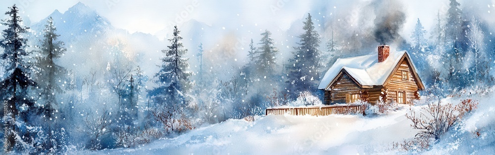 Aufkleber cozy log cabin nestled in a snowy forest with smoke rising from the chimney creating a warm and peac