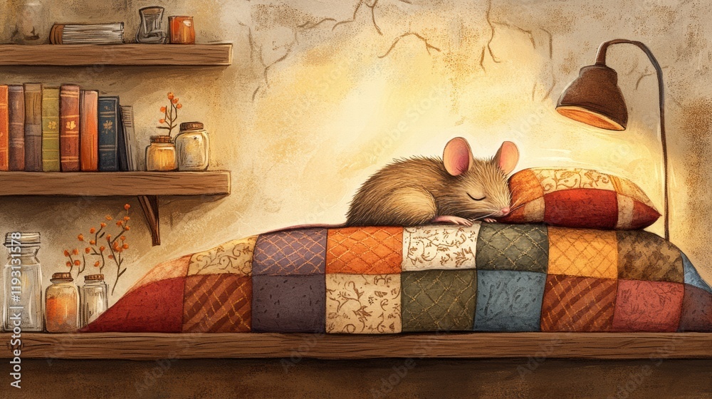 Poster cozy mouse sleeping on a colorful quilt in a warm, rustic room with books and jars on a wooden shelf