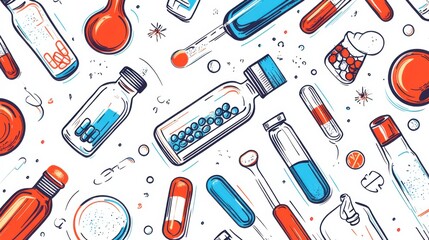 Colorful Hand-Drawn Medical and Pharmaceutical Elements Including Bottles, Pills, and Accessories on a White Background Suitable for Health and Wellness Themes