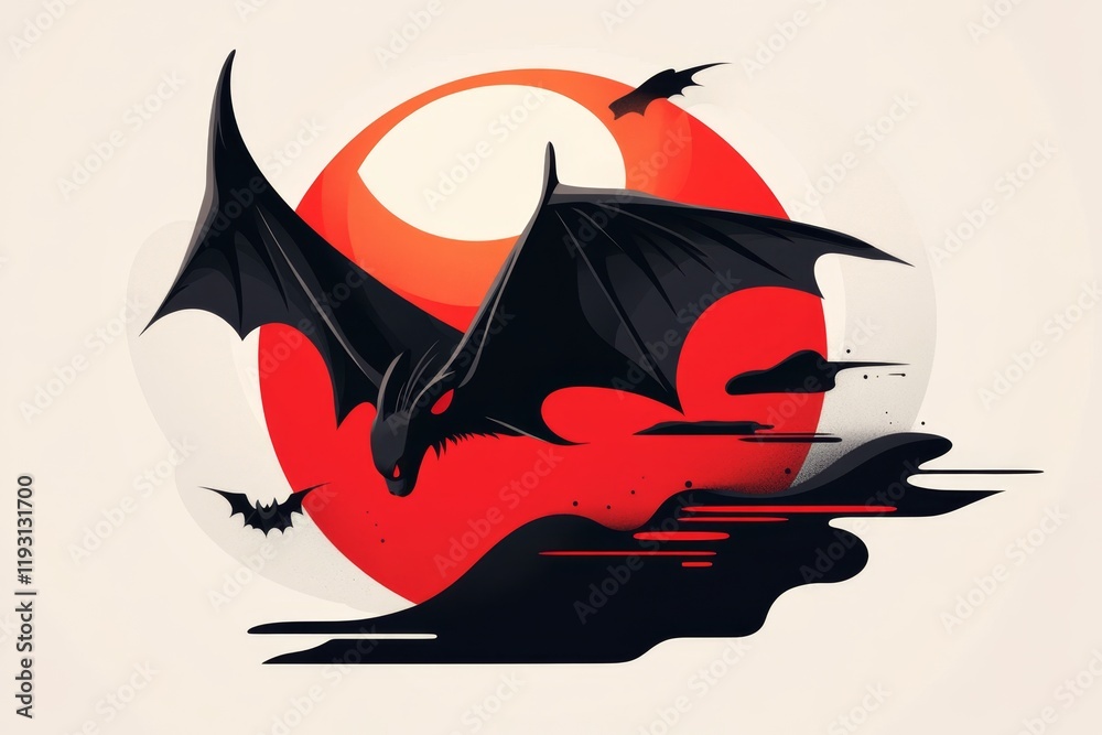 Fototapete a flat 2d illustration of a vampire bat flying against a full moon, drawn with bold lines and a simp