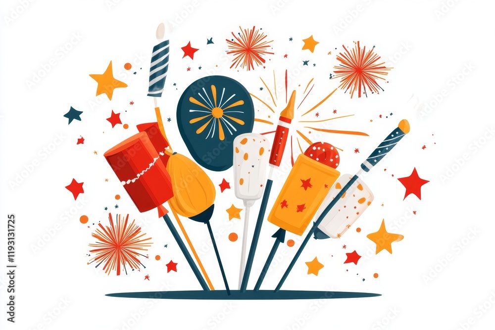 Poster A flat 2D vector of colorful fireworks in radial patterns, rendered in bright, bold colors on a crisp white background