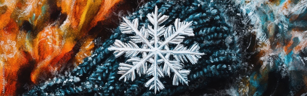 Poster Close-up view of a snowflake resting on a dark woolen glove with intricate natural patterns and a vibrant watercolor background