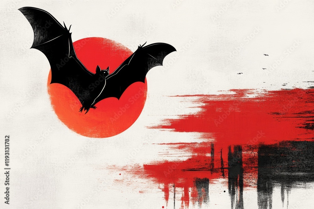 Fototapete a flat 2d illustration of a vampire bat flying against a full moon, drawn with bold lines and a simp