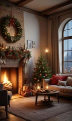A cozy living room filled with the warmth and magic of Christmas, winter wonderland, twinkling lights