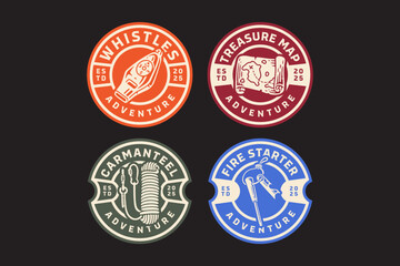 Obraz premium outdoor whistle with compass, geographical map, climbing rope with carabiner, fire starter survival tool retro badge logo vector design collection set for adventure, explorer, mountaineer and hiker