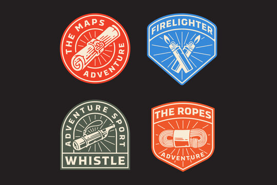 world map scroll, gas lighter crossed, whistle with compass, hank of outdoor ropes retro badge logo vector design collection set for adventure, explorer, mountaineer, hiker and climber