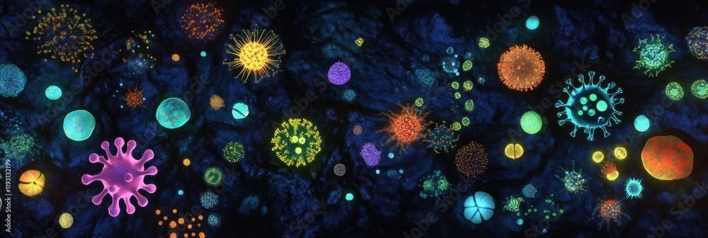 Poster Colorful depiction of magnified viruses showcasing diversity and complexity in scientific exploration. Generative AI