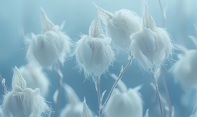Soft white flowers on delicate stems against a pale blue background, ideal for serene, nature-themed designs