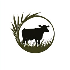 Obraz premium Cow pasture silhouette, farm animal, rural scene, agriculture, food industry logo