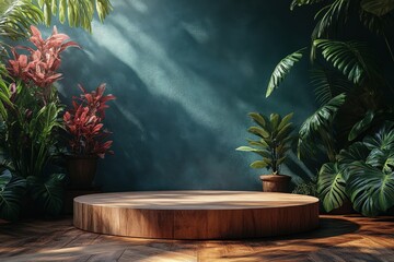 Minimalist 3D Podium Scene with Lush Green Plants and Soft Background Light for Product Presentation and Display