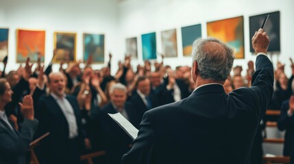 Fototapeta premium An intense bidding war in progress during an art auction, with paddles in the air and a professional auctioneer in front.