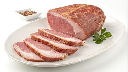 Fototapeta premium A large raw ham steak sliced into thin pieces on a white plate, meat, presentation