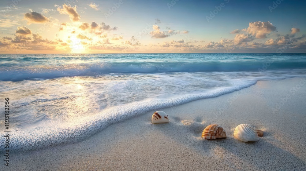 Poster serene beach at dawn with gentle waves and seashells scattered across the sand