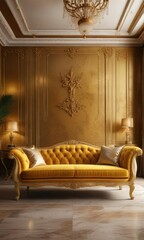Obraz premium A lavish golden sofa in a luxurious living room, shimmering, luxurious, reflective