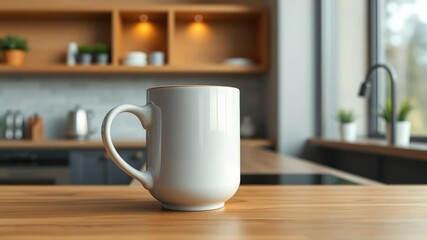 A latte coffee in a ceramic mug on a modern wooden countertop, wood, tableware
