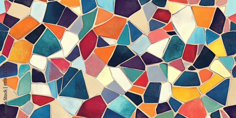Poster mosaic-inspired texture showcasing vibrant geometric shapes with rough edges in a colorful arrangeme