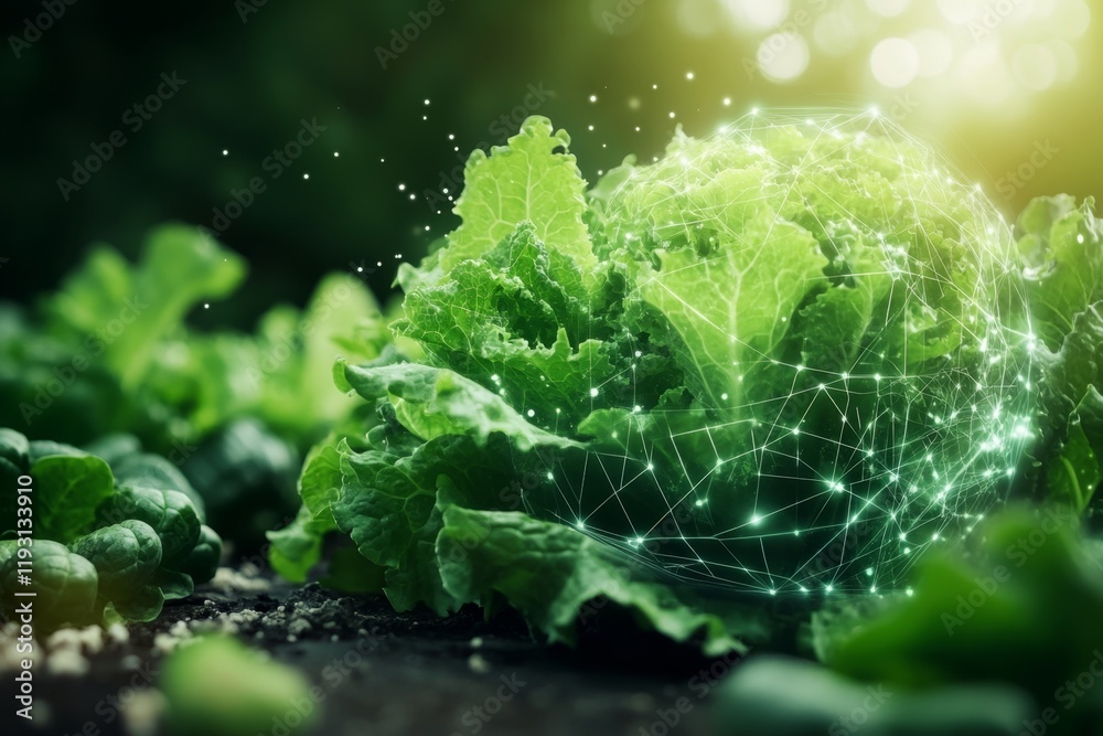 Poster a futuristic vertical farm with rows of vegetables like lettuce and kale growing under glowing led l