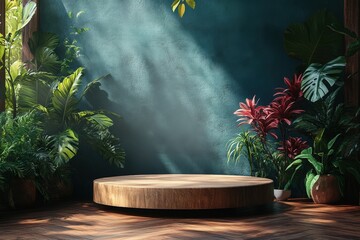 Minimalistic 3D Podium Scene Surrounded by Lush Greenery Against a Textured Background for Product Showcasing