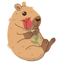 Cute vector illustration of a capybara in love holding a red rose on a transparent background. Perfect for Valentine's Day cards, stickers, posters and social media. Charming and playful design.