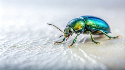 Naklejka premium A lone, greenish-blue insect crawls across a smooth, white surface, leaving behind a trail of viscous slime, crawling creature, insect trail, texture, entomology