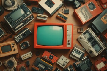 A garage sale scene with a retro TV and VHS tapes for sale, surrounded by other vintage items