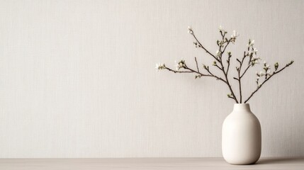 Minimalist spring blossom branch in white vase against a light wall.