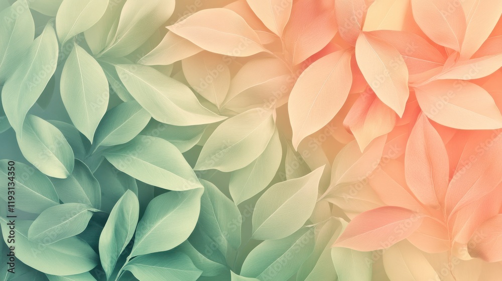 Poster elegant gradient fill of muted green and pastel peach with symmetrically arranged leaves conveying c